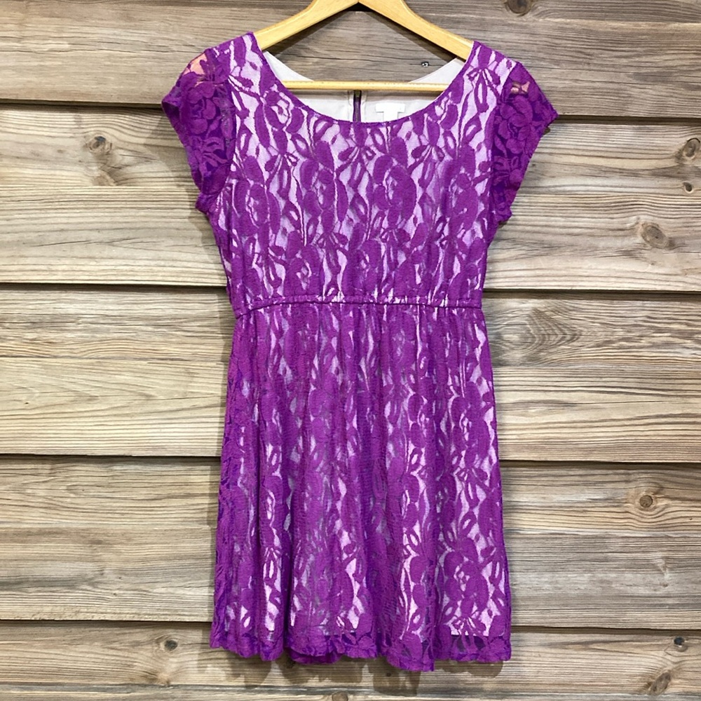 Purple Magenta Fuchsia and Tan Lace Overlay Dress